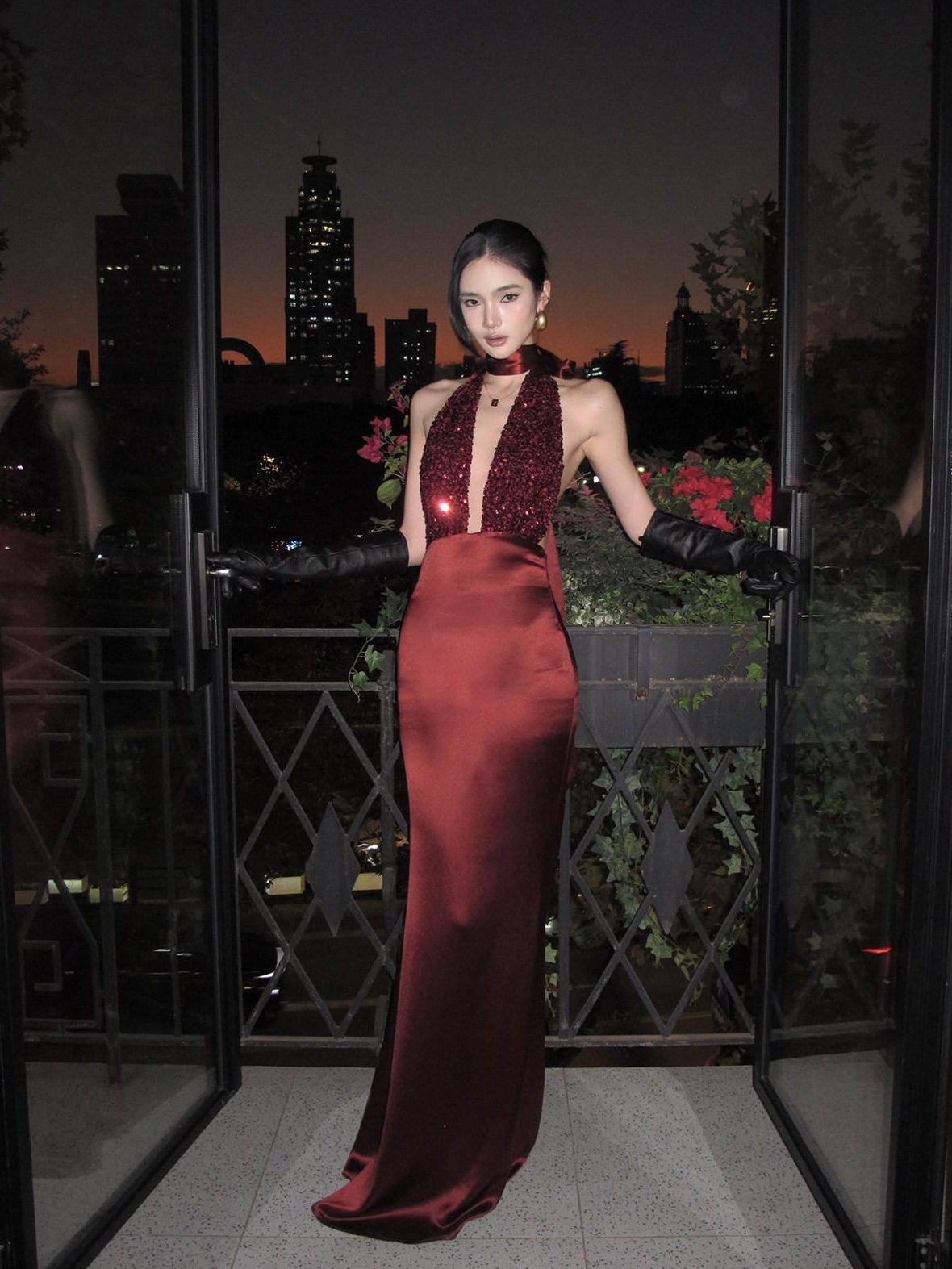 rovente Shimmer Sequin Halter Bodycon Sleeveless Women Evening Red Maxi Desses