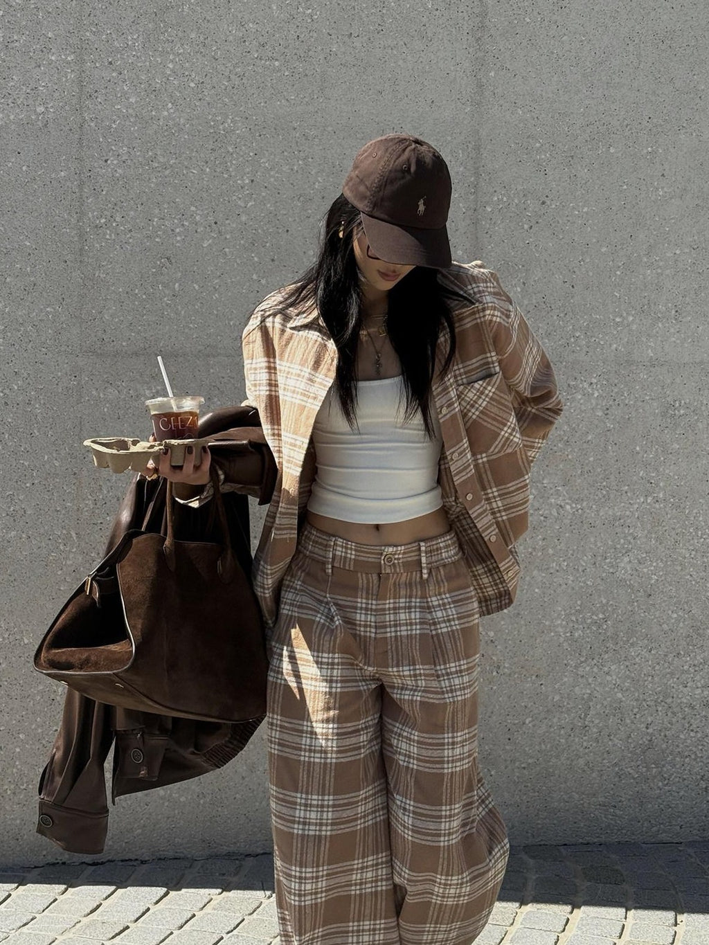 rovente 100% Cotton Plaid Casual Relaxed Zipper Natural Waist Women Wide Leg Pants