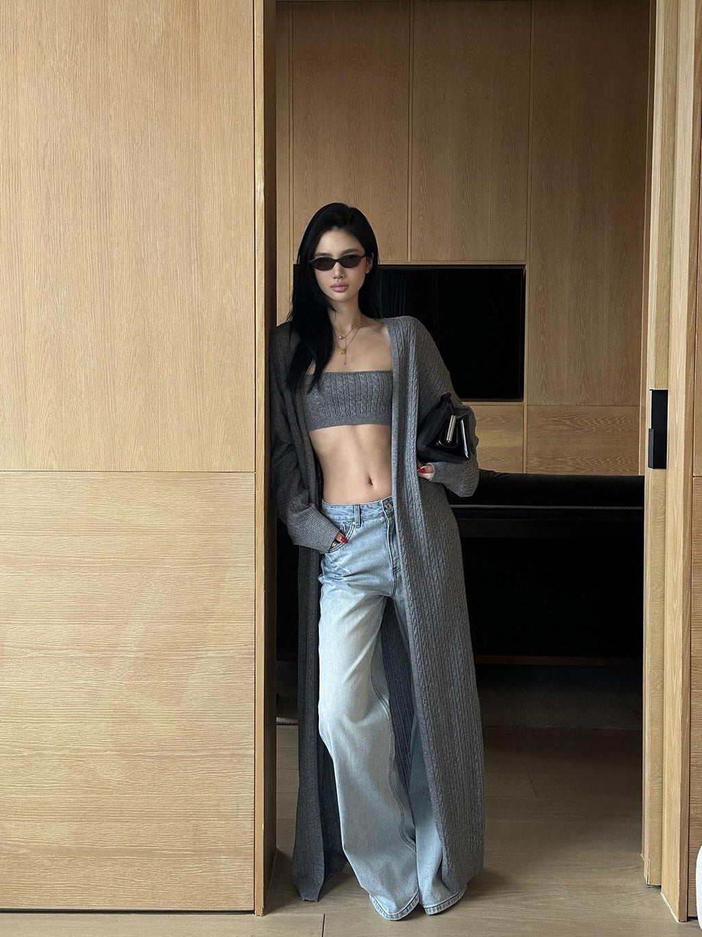 rovente Soft Wool Blend Minimalist Loose Longline Women Gray Knit Buttonless Cadigans