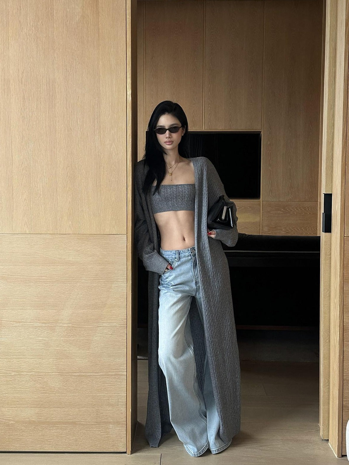 rovente Soft Wool Blend Minimalist Loose Longline Women Gray Knit Buttonless Cadigans