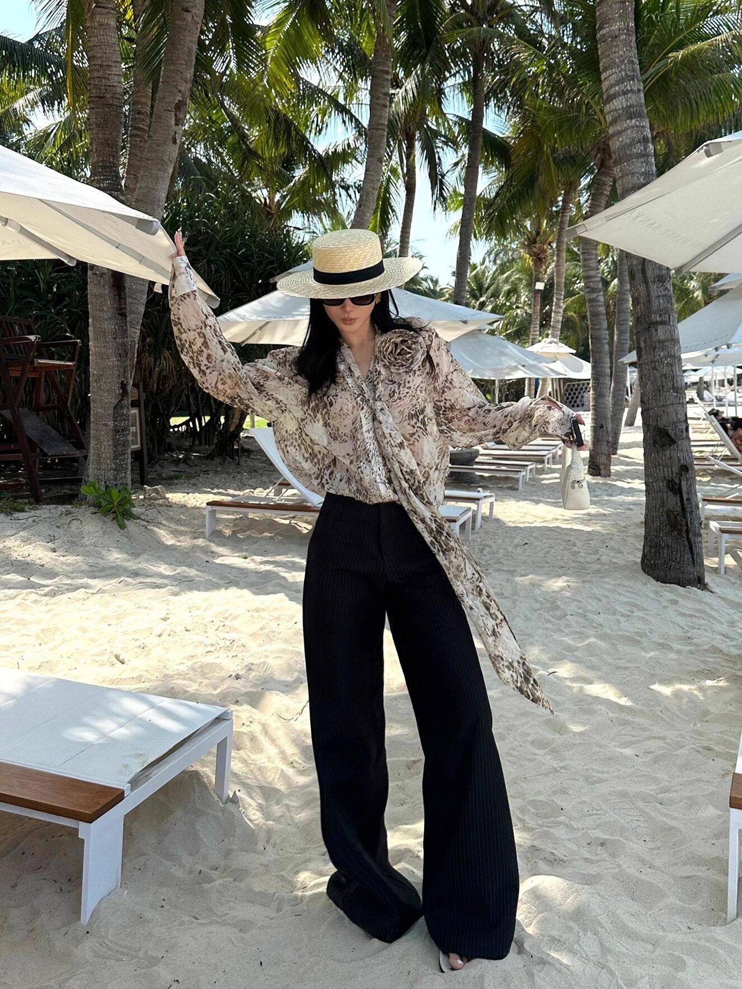 rovente Cooling Lightweight Loose Tie Neck Long Sleeve Leopard Print Women Office Shits