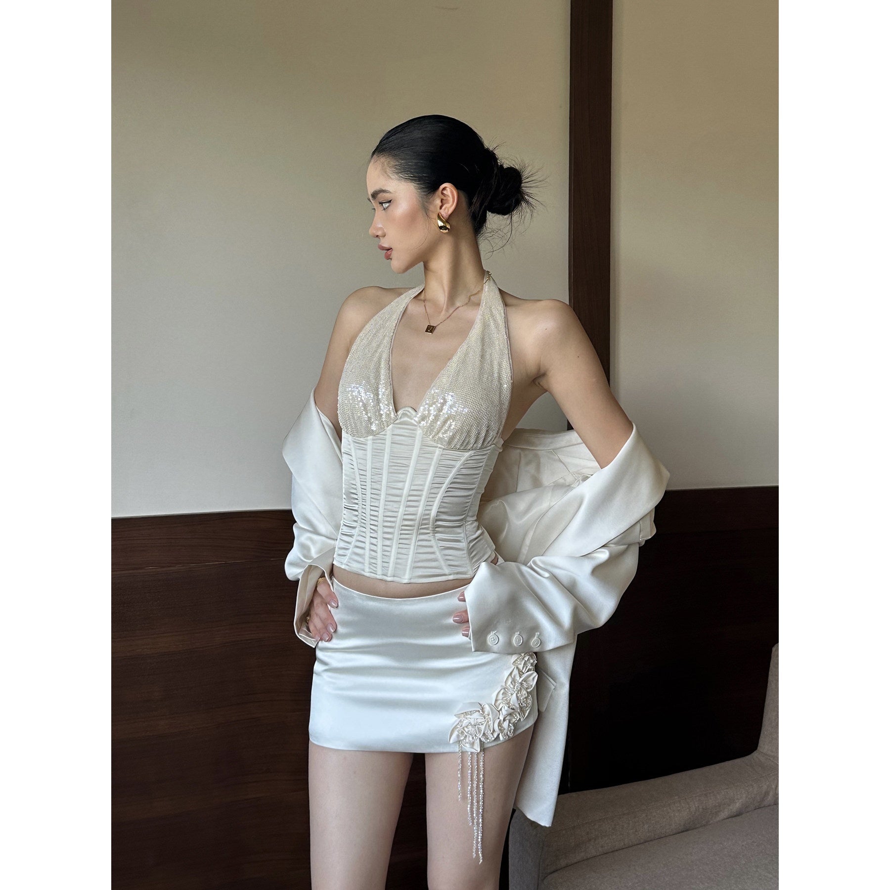rovente_Sequin_3D_Embellished_Slim_Pencil_Skirt_Beige_Travel_Woven_Top_&_Skit_Sets_MISSTT