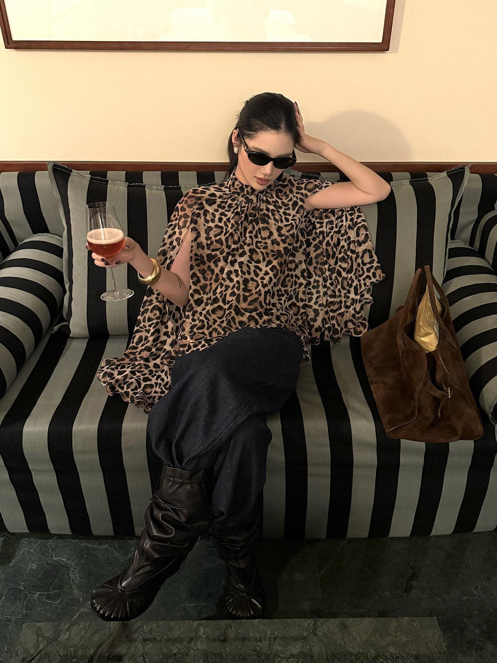 rovente 100 Percent Polyester Leopard High Neck Side Slit Button Shot Sleeve T-Shits