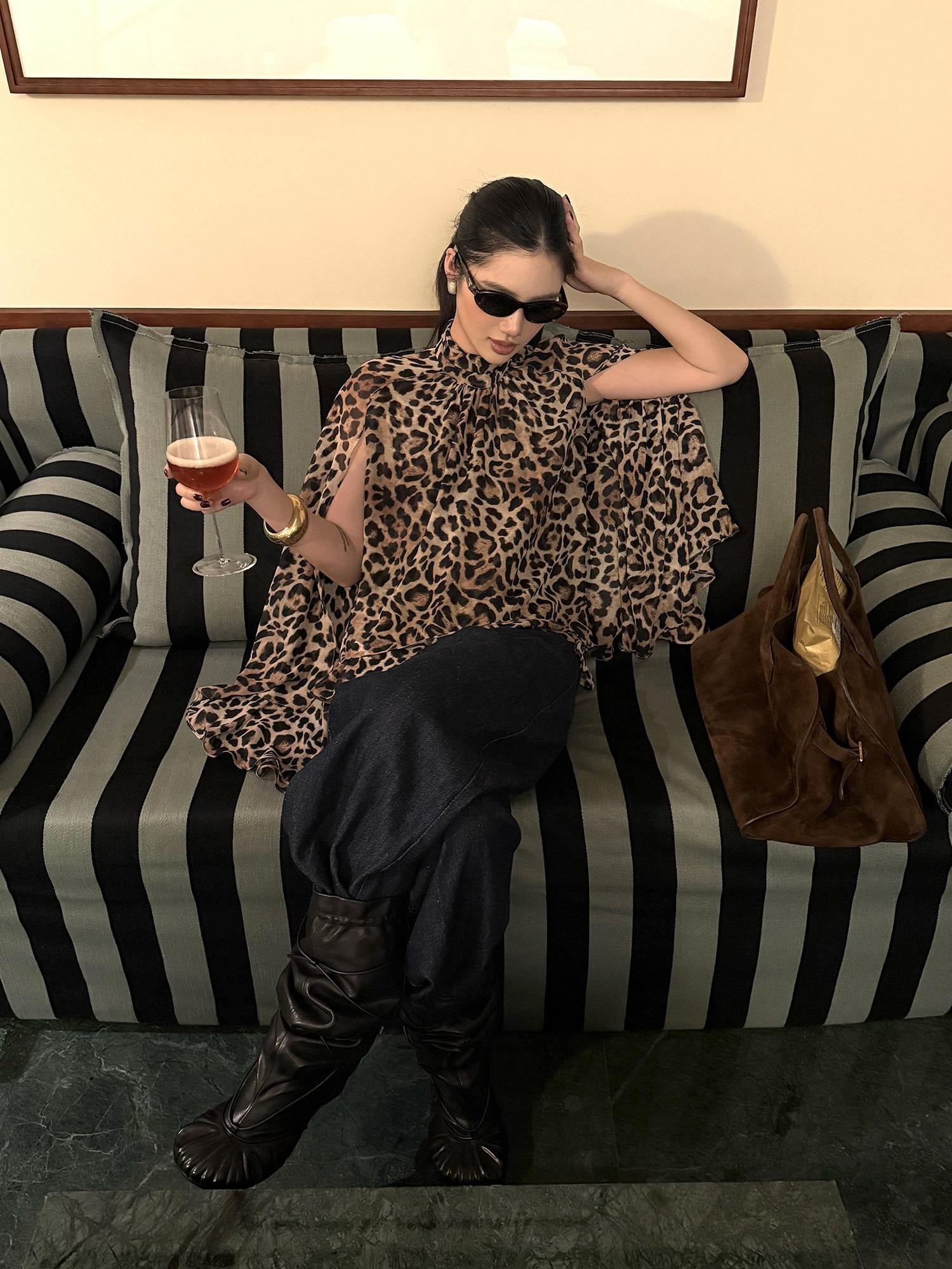 rovente 100 Percent Polyester Leopard High Neck Side Slit Button Shot Sleeve T-Shits