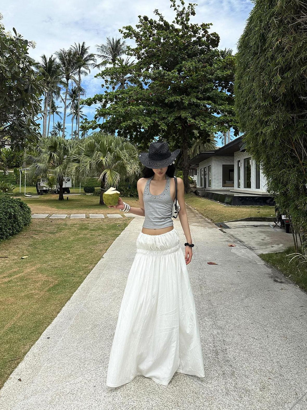 rovente Low Waist Cotton Nylon Versatile Loose H Line Mid Length White Maxi Skits