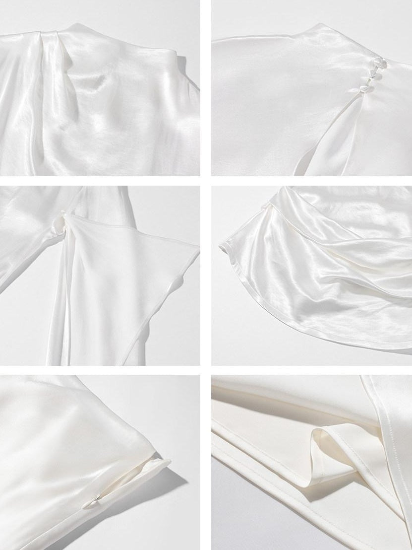 rovente Elegant Slim Woven White Short Sleeve Stand Collar Women Banquet Top & Skit Sets