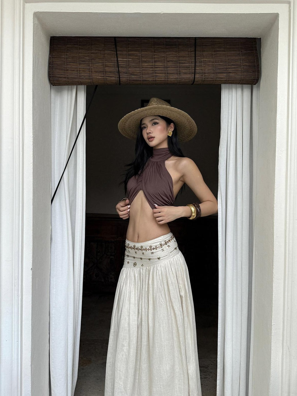 rovente Soft Modal Stretch Slim Halter Neck Cropped Solid Coffee Brown Camisoles