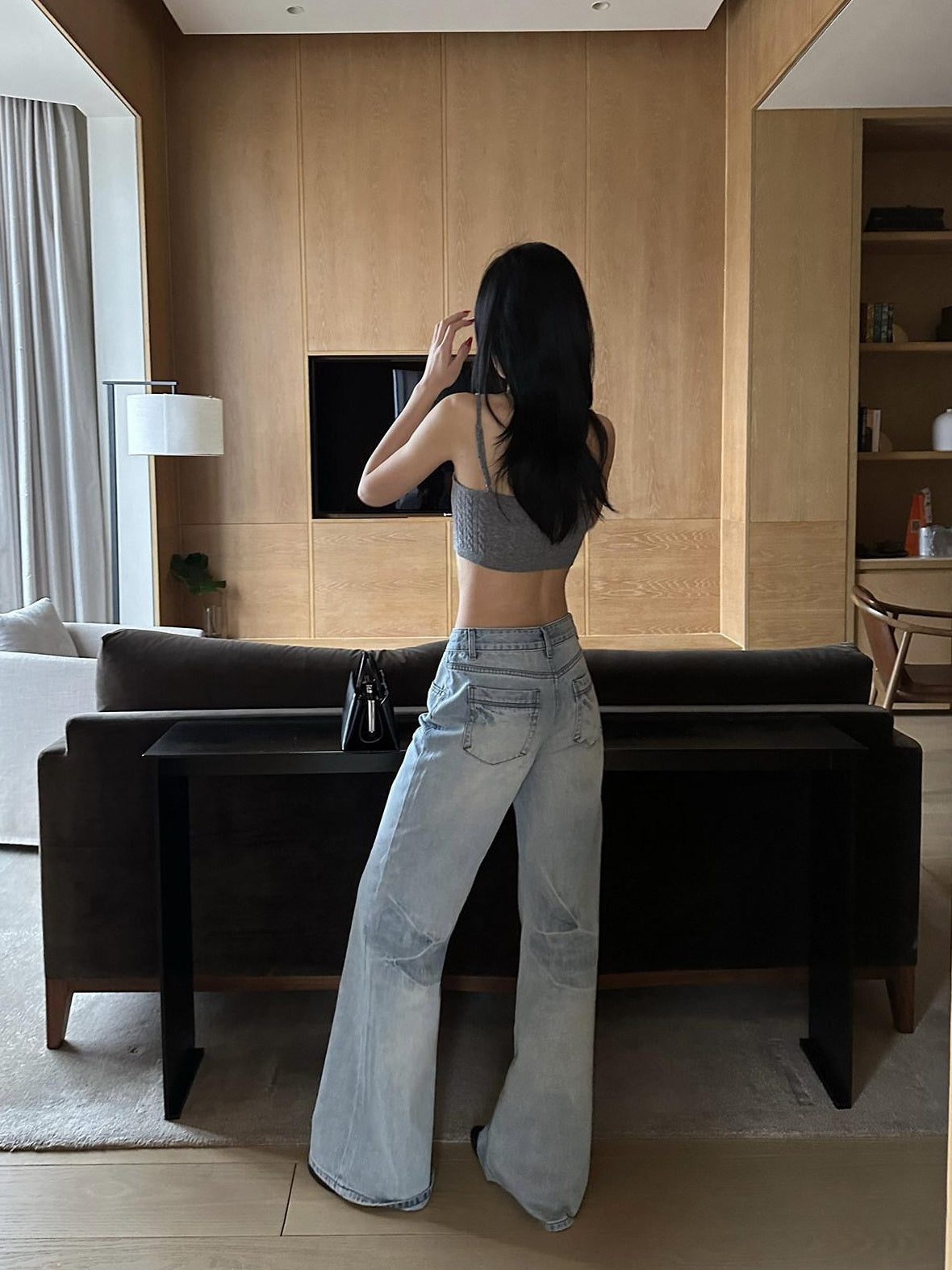rovente Washed Cotton Relaxed Flare Pockets Natural Waist Women Denim Wide Leg Jeans