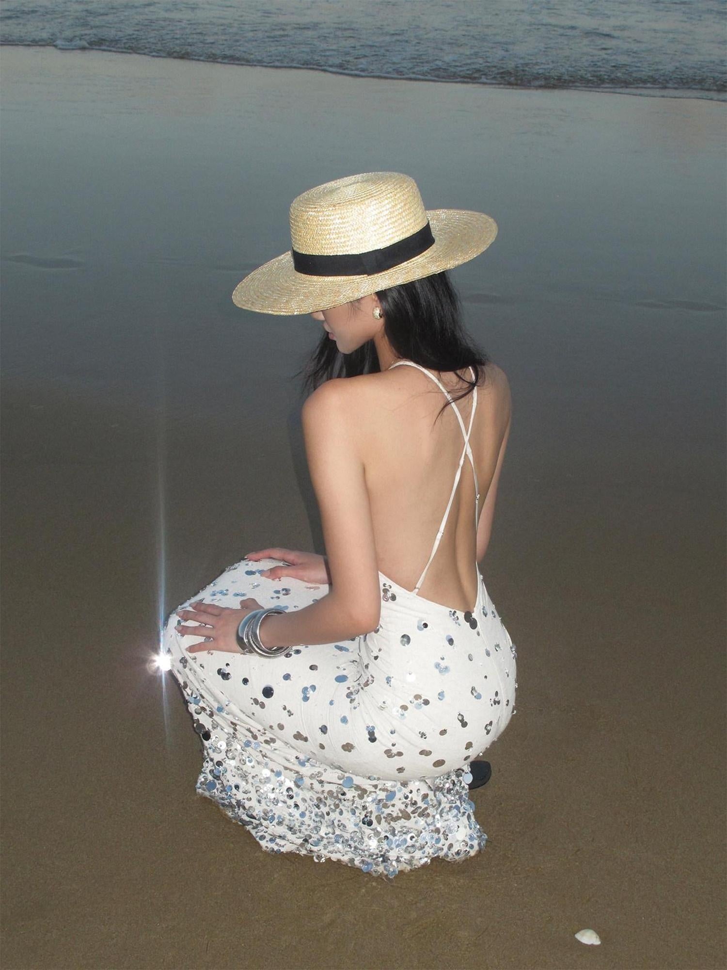rovente Shimmer Spaghetti Strap Mermaid Dress Elegant Travel Linen Blend Maxi Desses