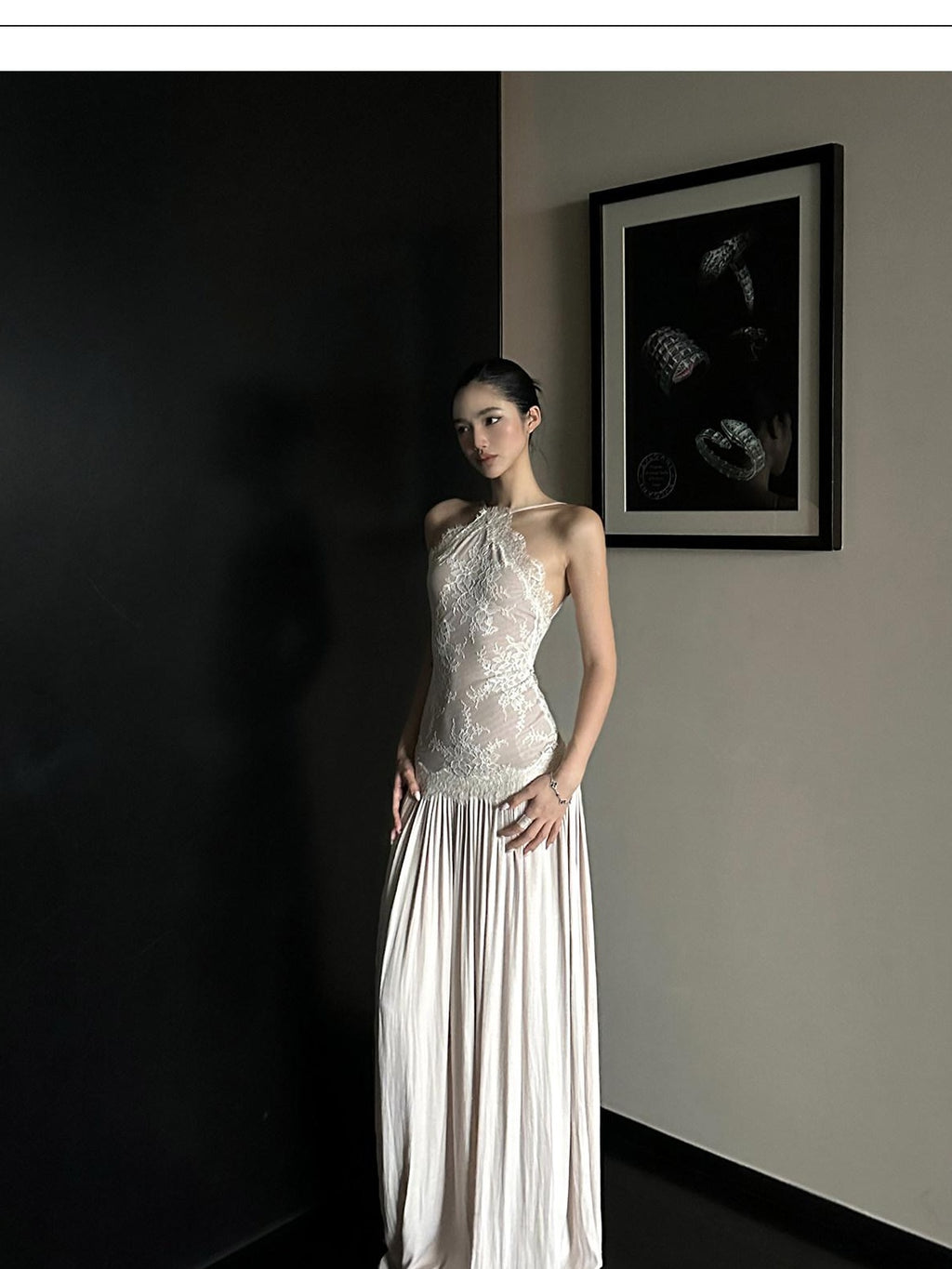 rovente test Elegant Lace High Waist Nylon A Line Date Night Beige Maxi Dresses