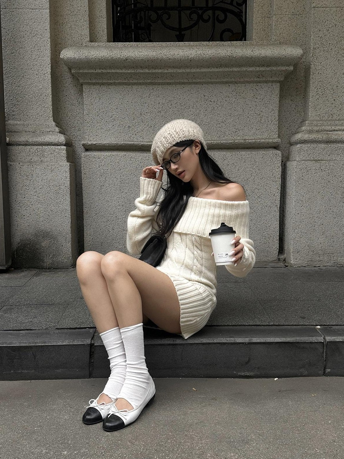 rovente Cozy Knit Off Shoulder Longsleeve Loose Fit Workwear Pullover Almond Mini Desses