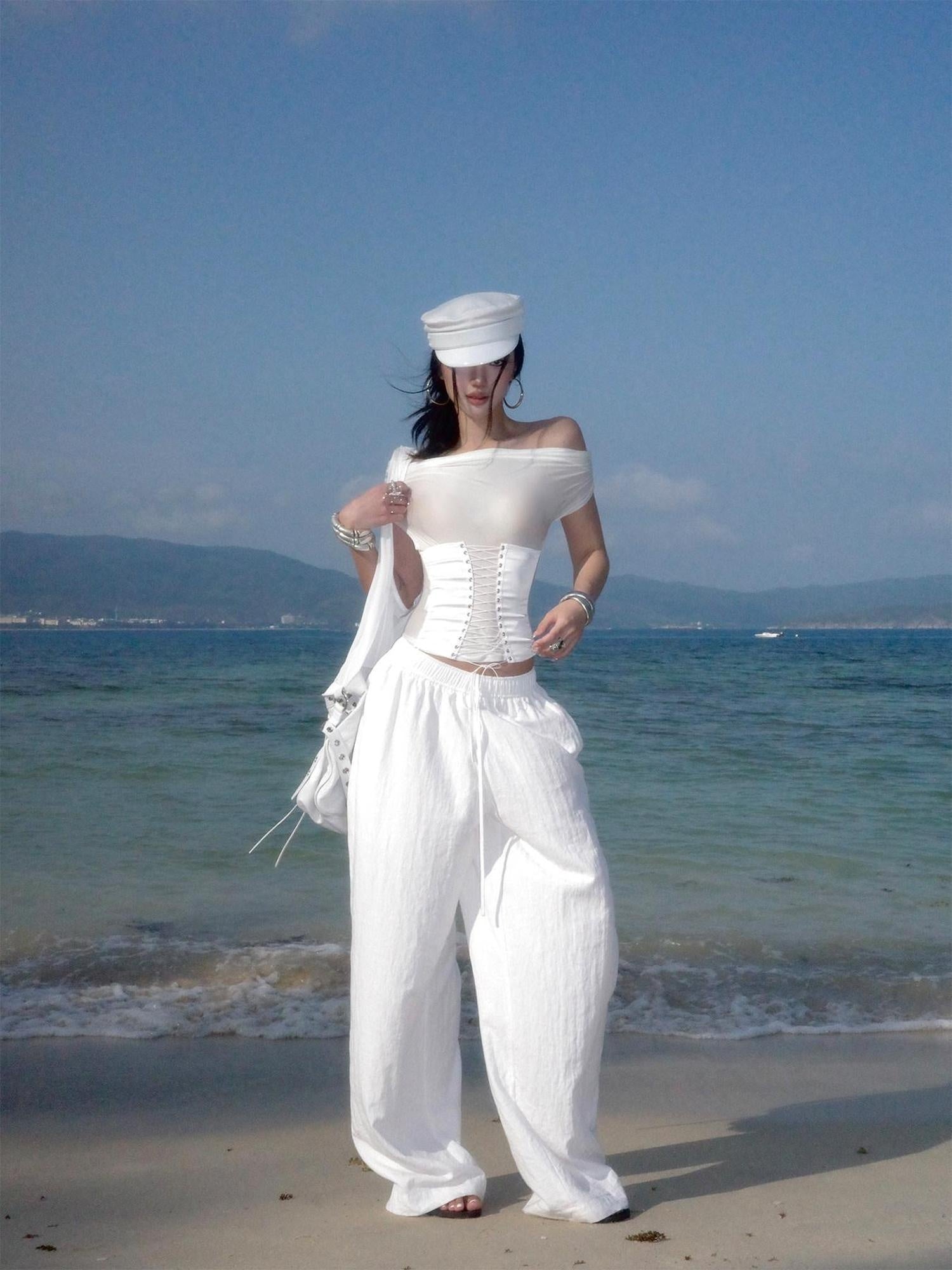 rovente Sexy Slim Tie Front Cropped White Bardot Top Women Travel Off Shoulde Cop Tops