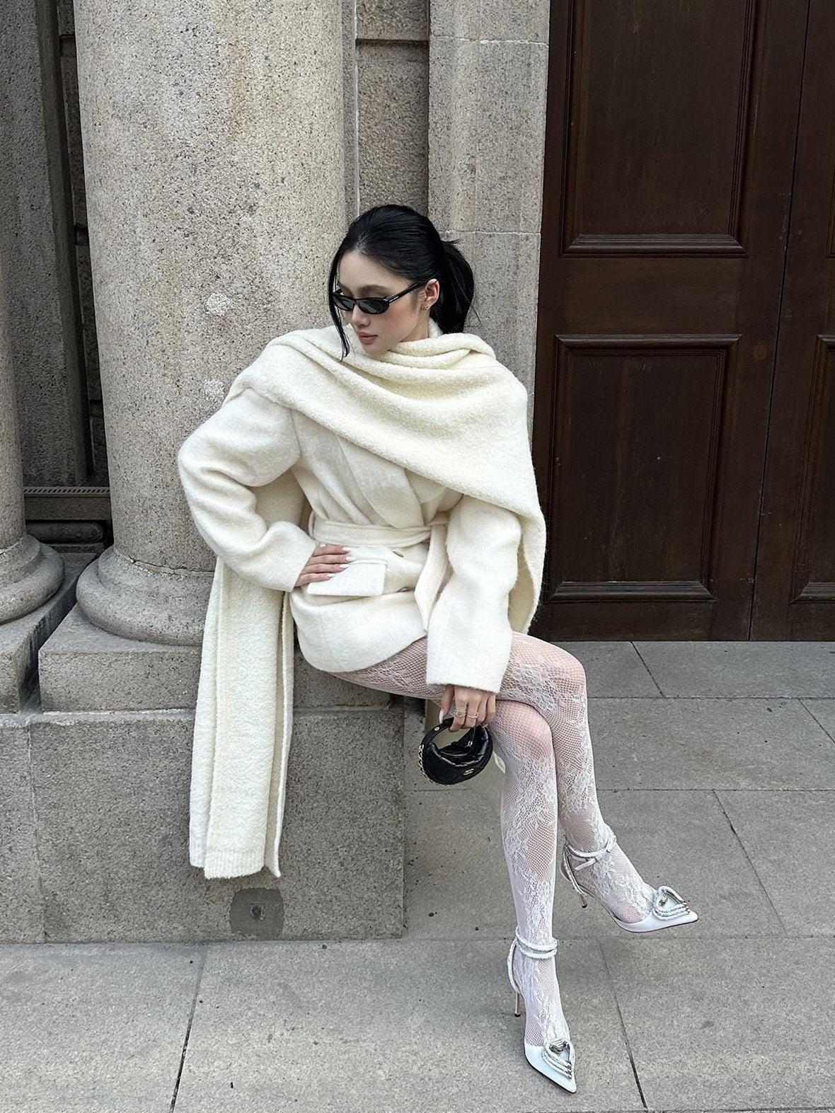 rovente Warm Wool Blend Double Breasted Oversized Commuter Women Ivory Shawl Wool Coats