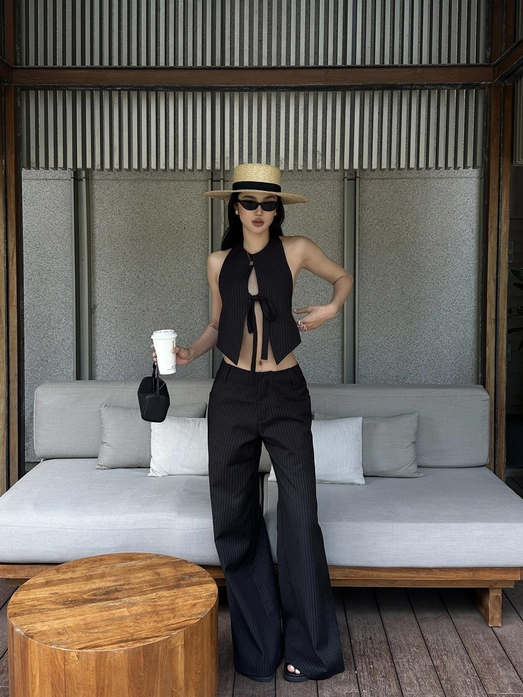 rovente Professional Office Natural Waist Black Pinstripe Polyester Long Wide Leg Pants