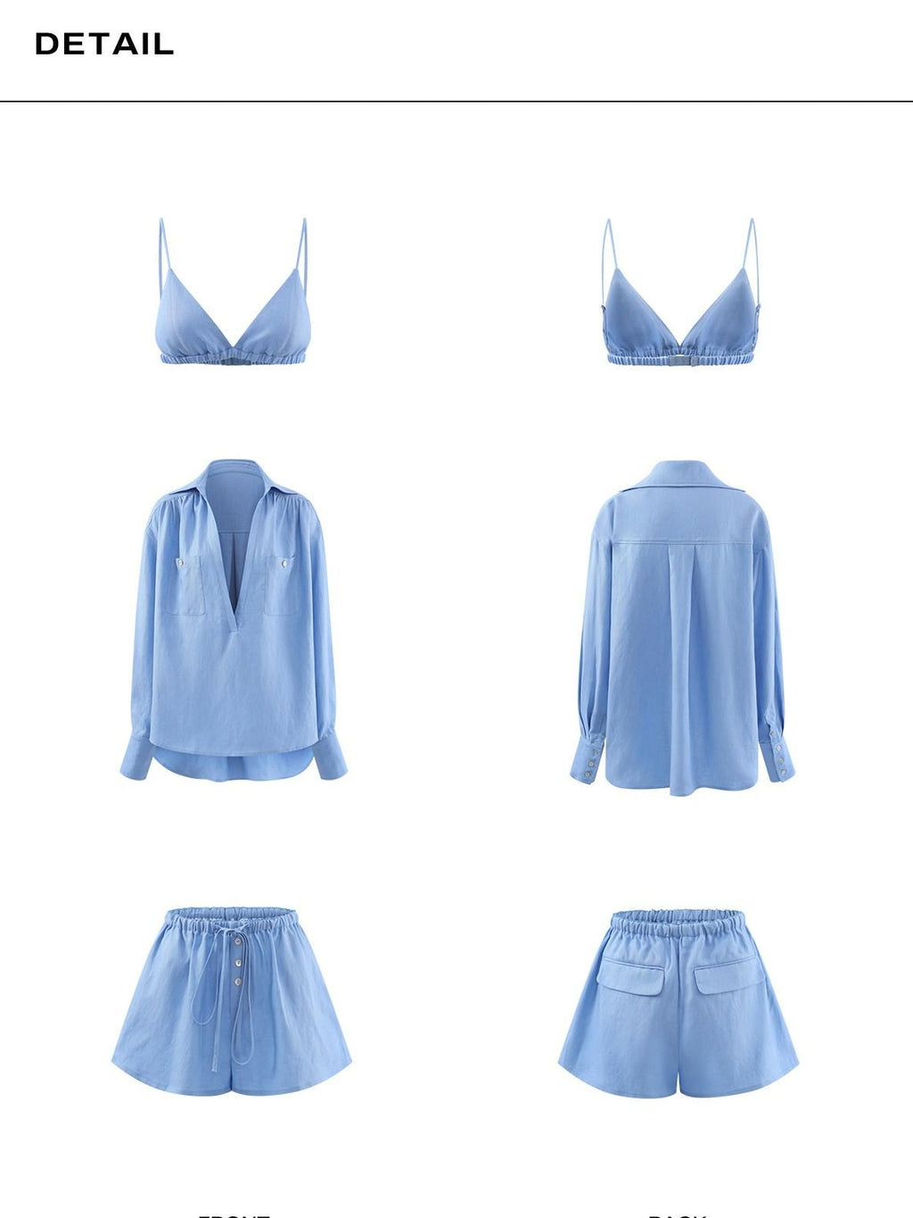rovente Lyocell 3 Piece Loose V-neck Long Sleeve Casual Blue Top & Shots Sets