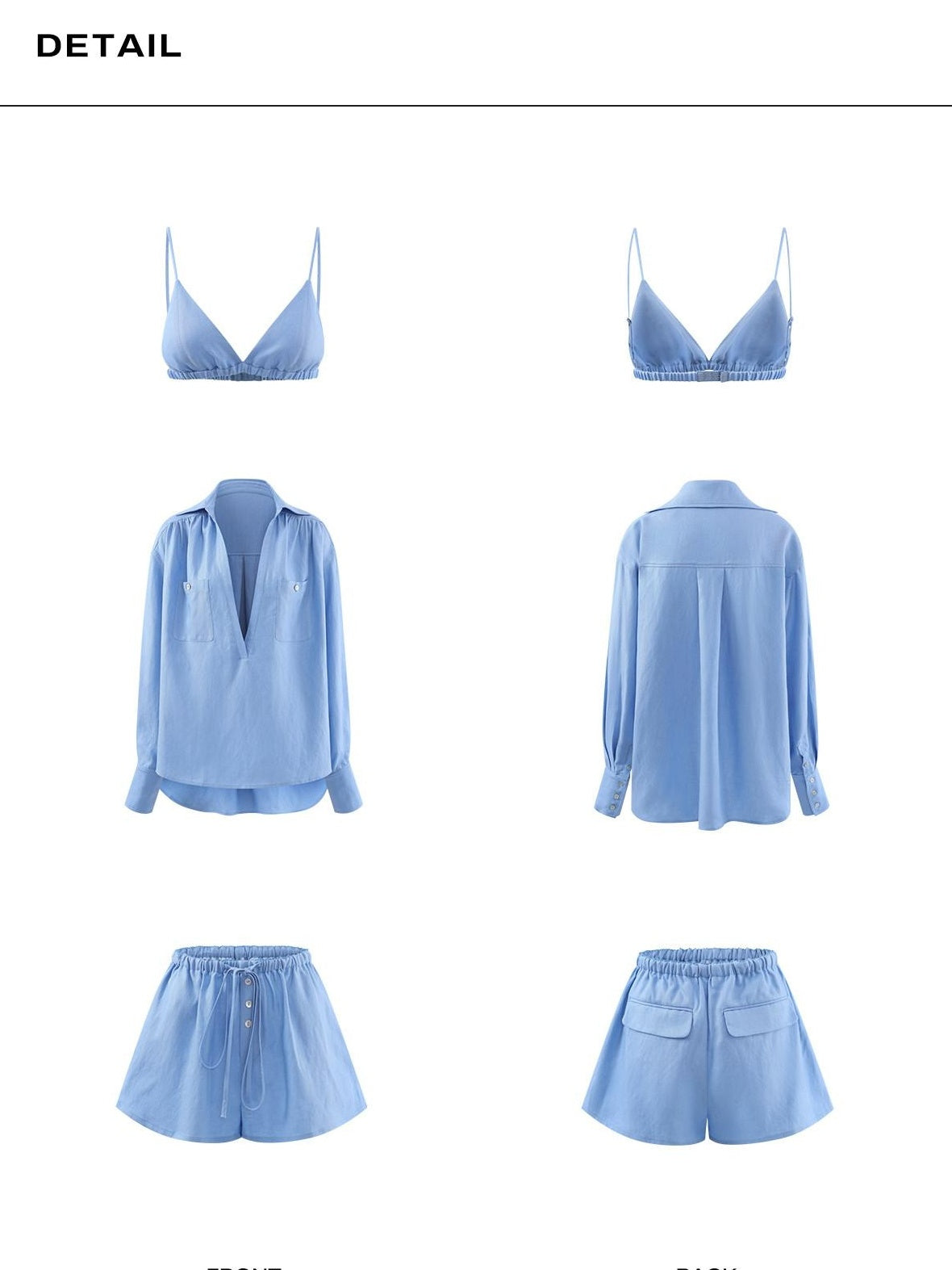rovente Lyocell 3 Piece Loose V-neck Long Sleeve Casual Blue Top & Shots Sets