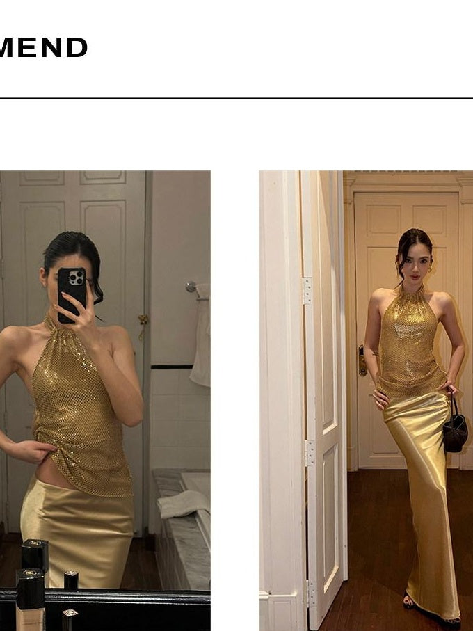 rovente Elegant Slim Gold Halter 3D Decor Women Party Tank Halte Cop Tops