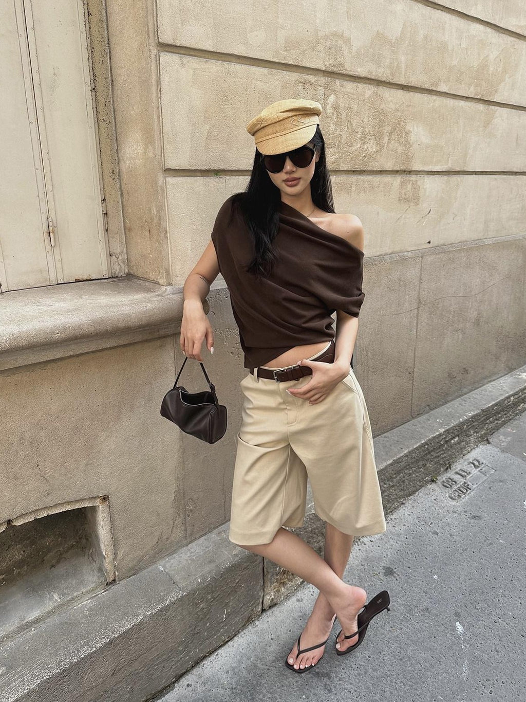 rovente Slim Knitted Asymmetric Collar Office Brown Viscose Shot Sleeve T-Shits