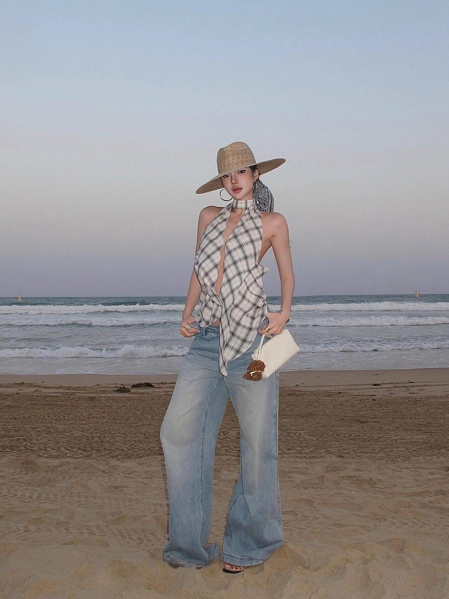rovente Pure Cotton Slim Fit Versatile Plaid Spaghetti Strap Women Camisoles