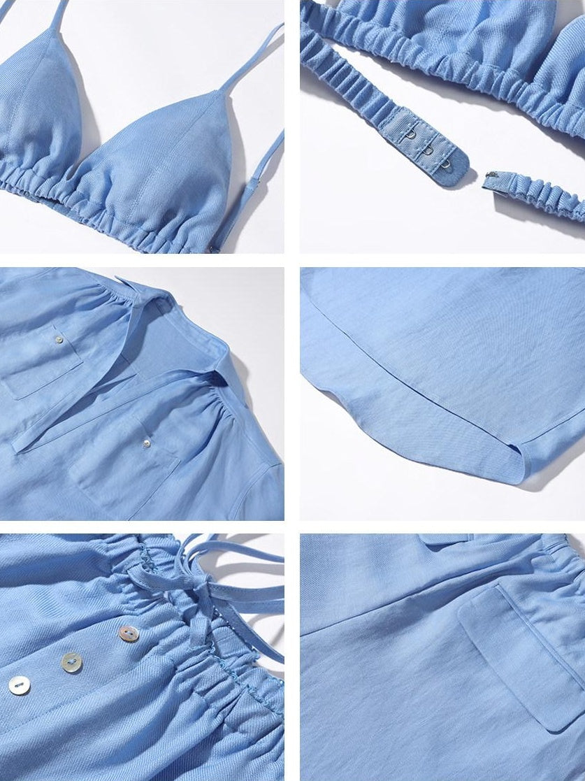 rovente Lyocell 3 Piece Loose V-neck Long Sleeve Casual Blue Top & Shots Sets