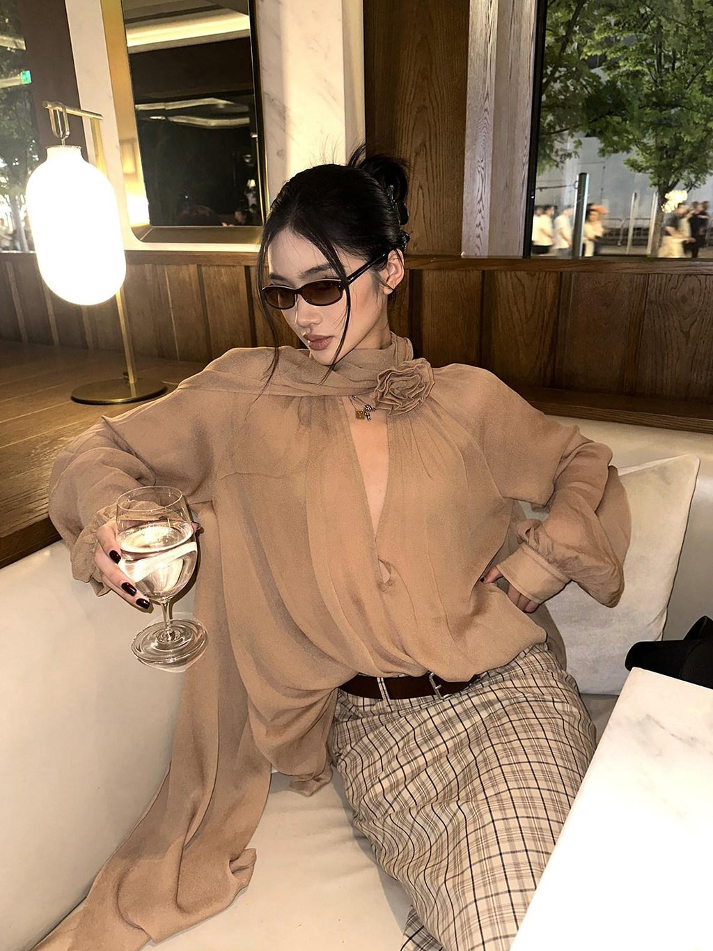 rovente Elegant V-neck Loose Fit Long Sleeve Nude Woven Zipper Women Party Blouses