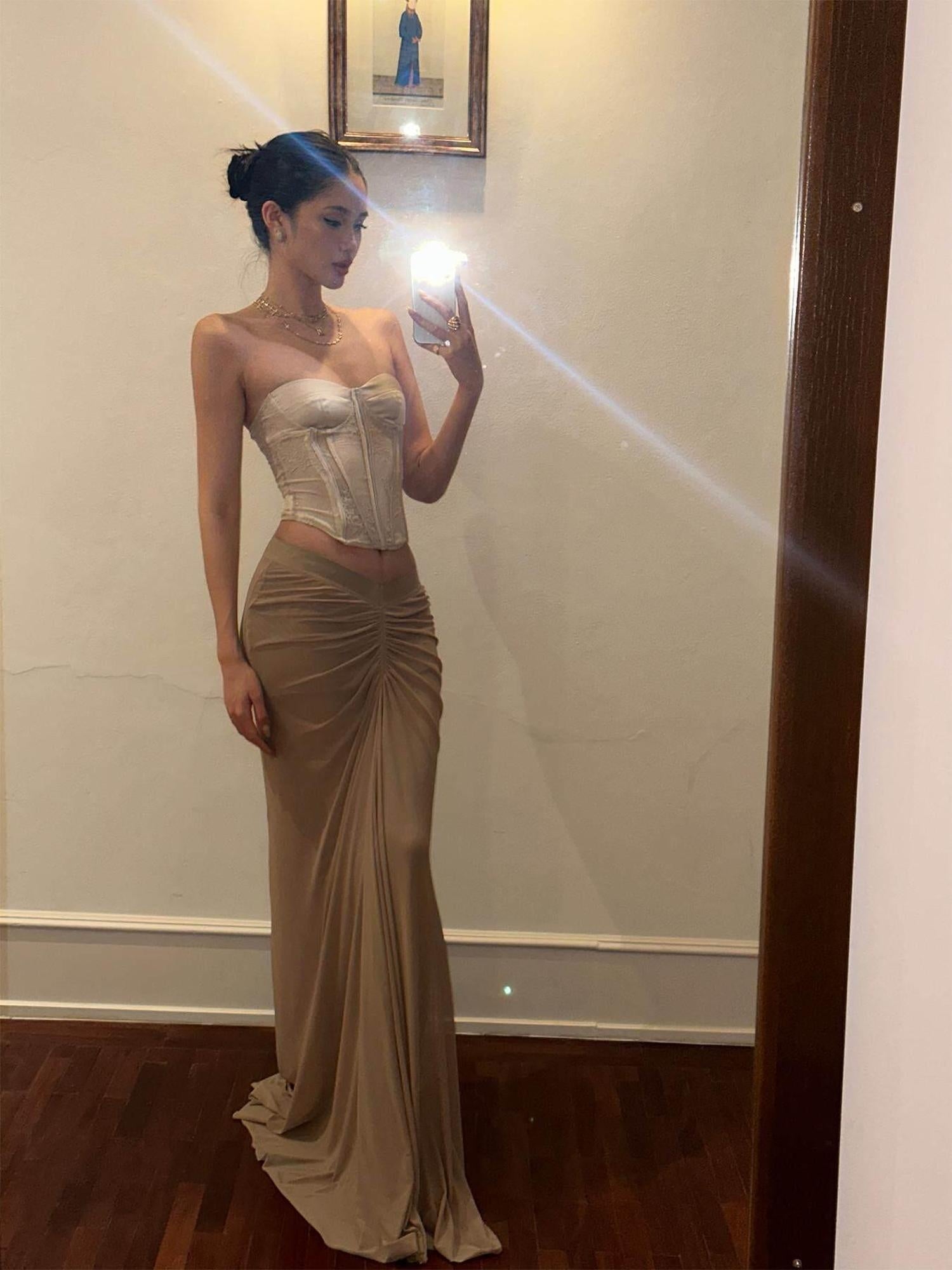 rovente Sexy Slim Straight Pleated Mid Rise Brown Polyester Stretch Maxi Skits