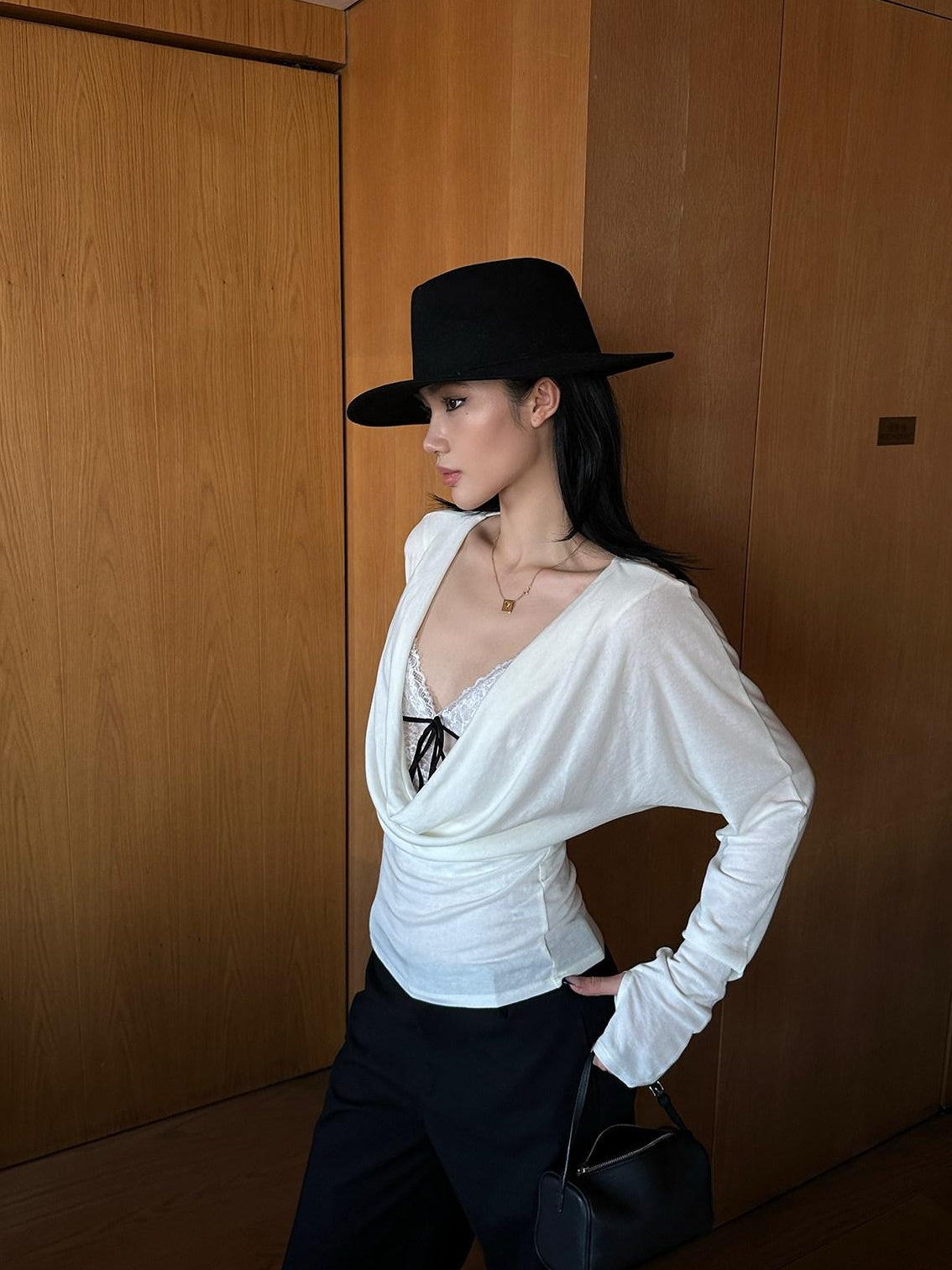 rovente test Lyocell Wool Blend Slim Waist Minimalist Pleated For Women Long Sleeve T-Shirts
