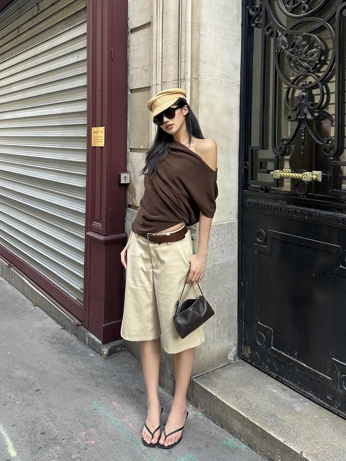rovente Slim Knitted Asymmetric Collar Office Brown Viscose Shot Sleeve T-Shits