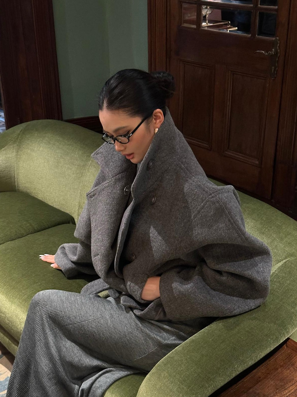 rovente Warm Thick Stand Collar Loose Korean Pocket Women Dark Gray Wool Coats