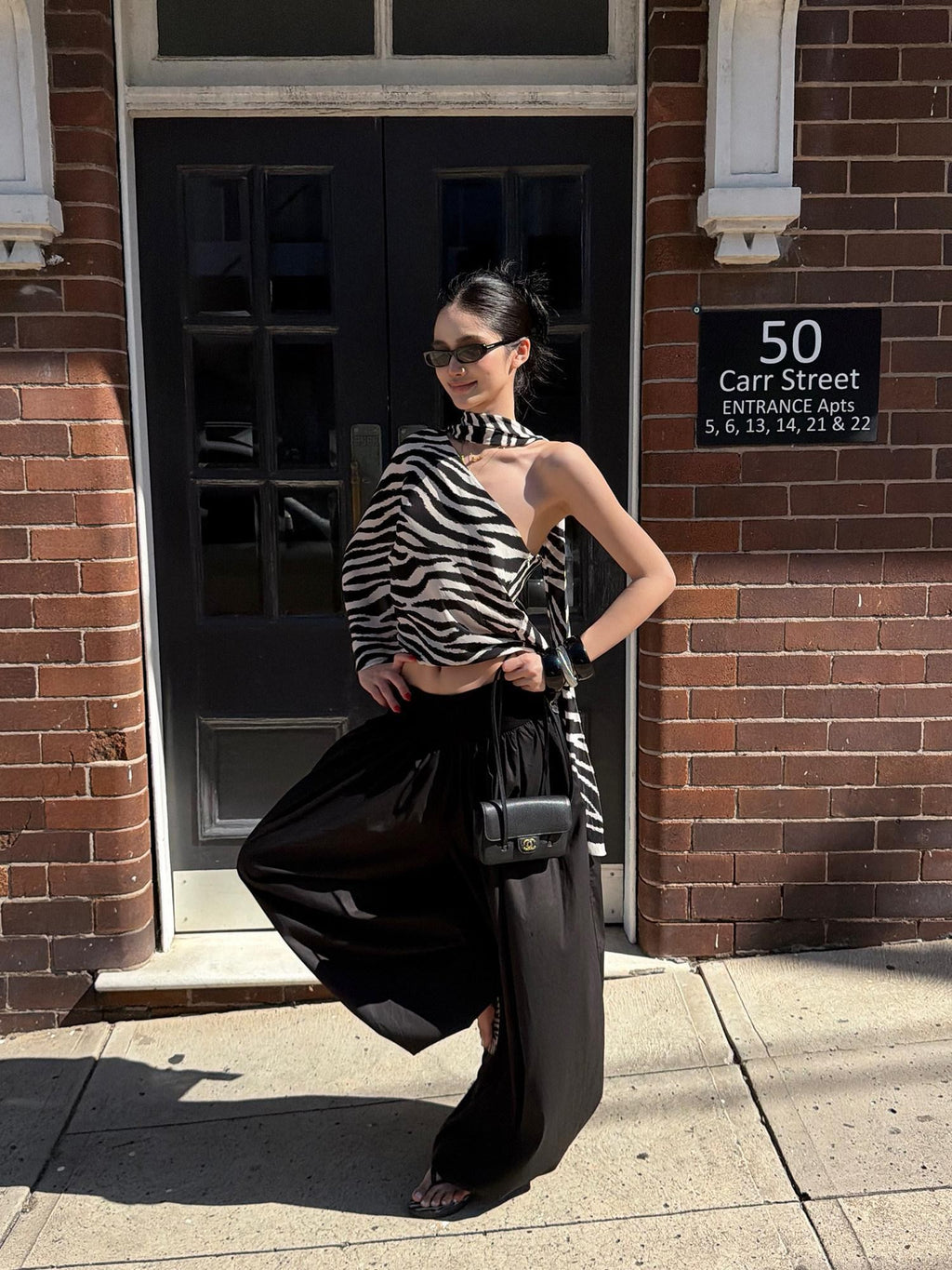 rovente Black White Zebra Contrast Loose Sleeveless Slant Neck Rayon Off Shoulde Cop Tops