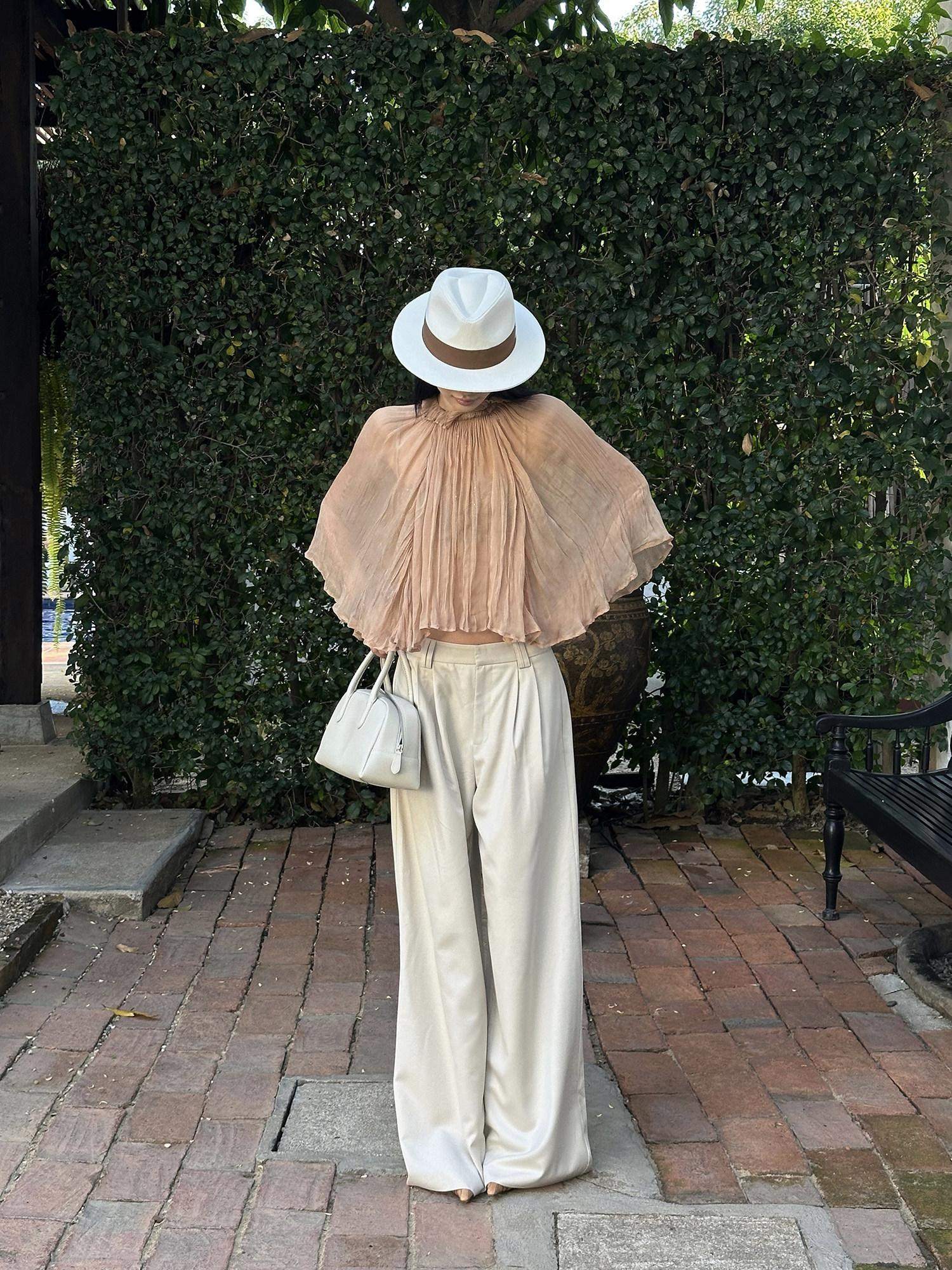 rovente Soft Stretch Beige Casual Simple Pockets Low Waist Woven Women Wide Leg Pants