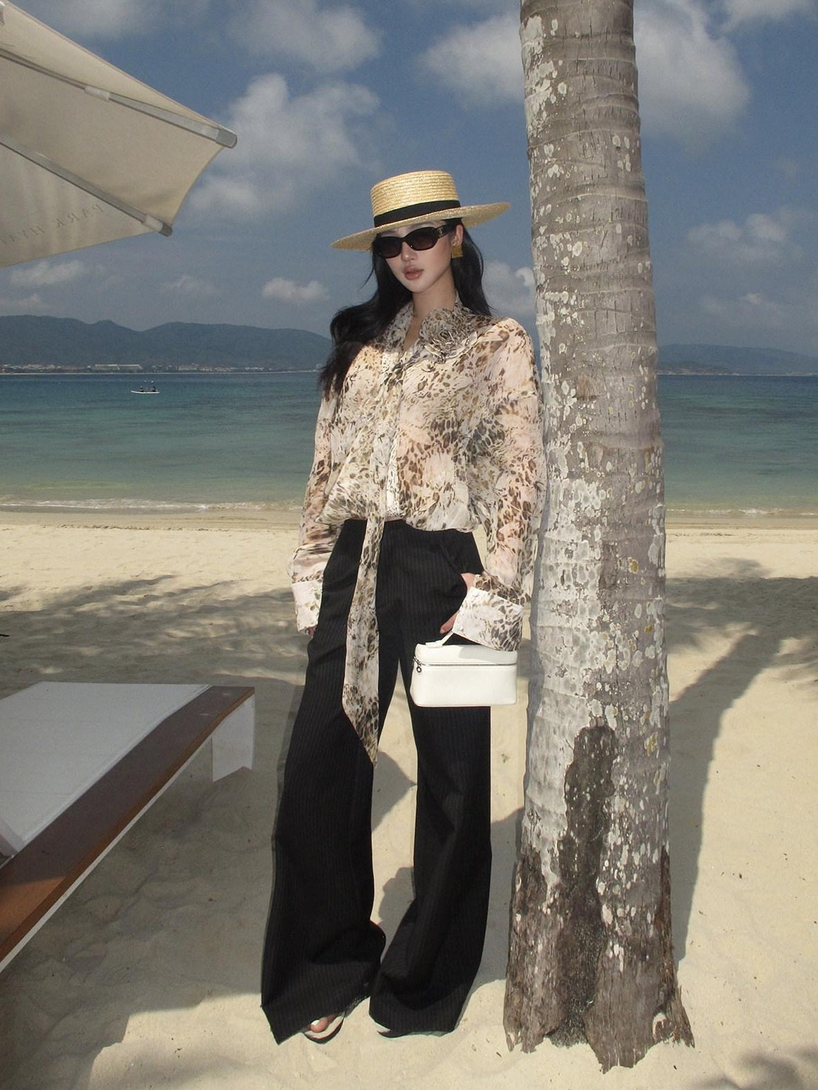 rovente Cooling Lightweight Loose Tie Neck Long Sleeve Leopard Print Women Office Shits