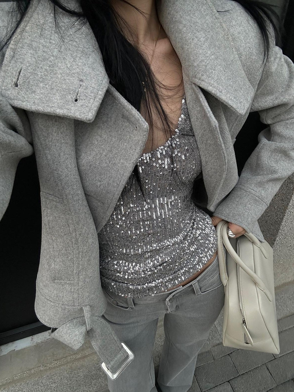 rovente Shimmer Silver High Stretch Spaghetti Strap Slim U Neck Party Travel Camisoles