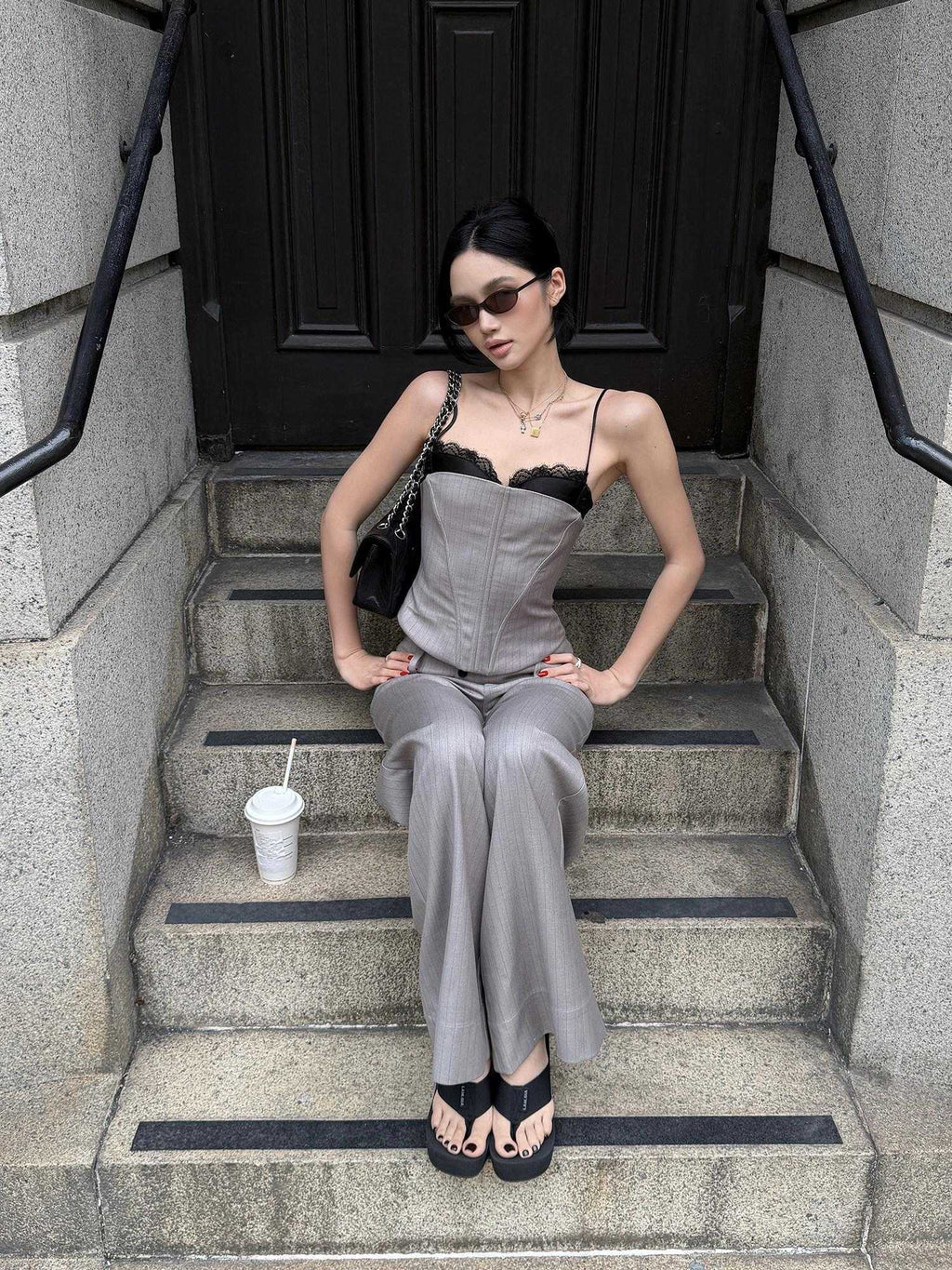 rovente Lace Trim Slim Fit Striped Zipper Women Travel Daily Polyester Camisoles