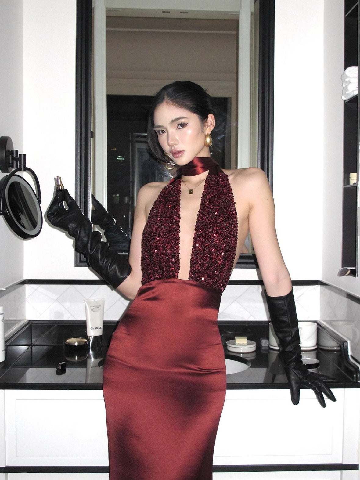 rovente Shimmer Sequin Halter Bodycon Sleeveless Women Evening Red Maxi Desses