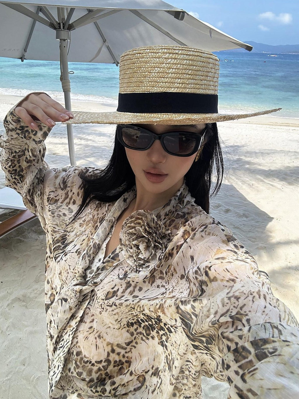 rovente Cooling Lightweight Loose Tie Neck Long Sleeve Leopard Print Women Office Shits