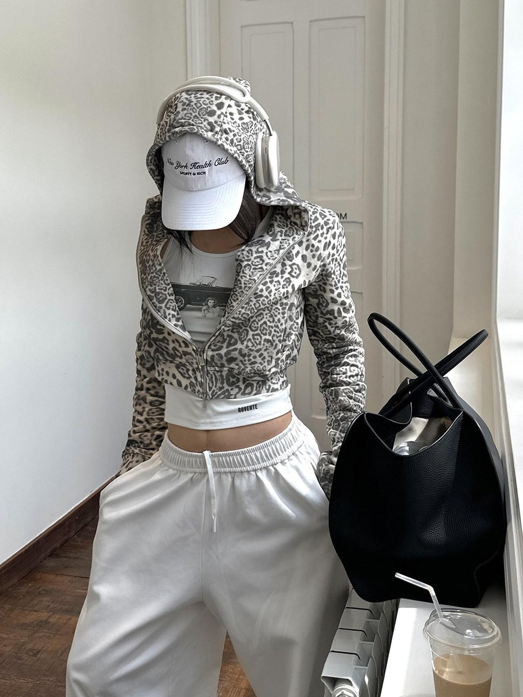 rovente Leopard Print Oversized Cropped Hooded Zip Women 100 Percent Cotton Hoodie