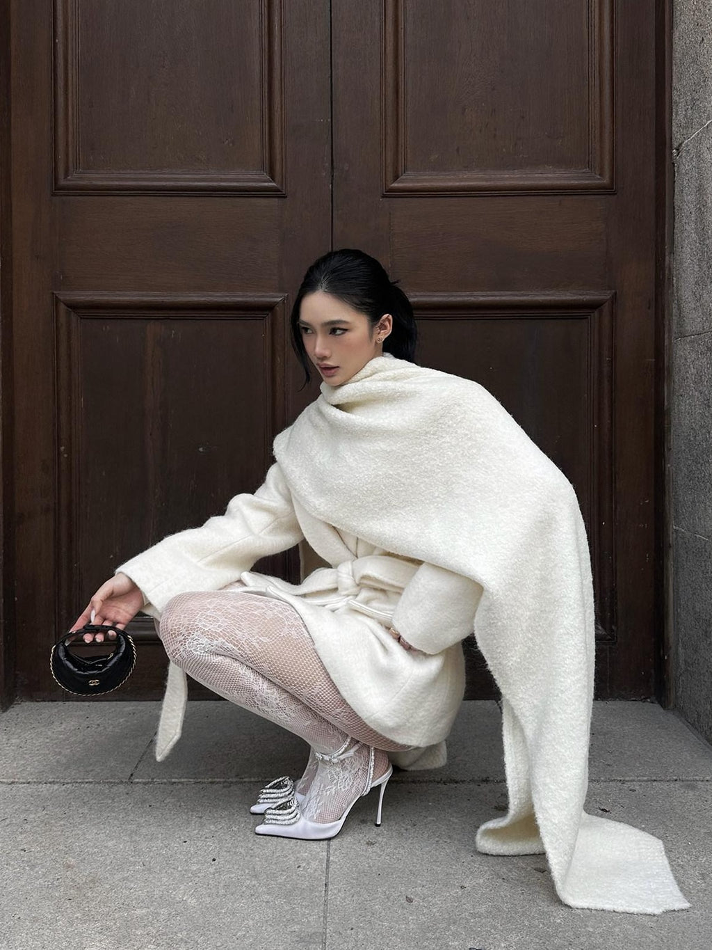 rovente Warm Wool Blend Double Breasted Oversized Commuter Women Ivory Shawl Wool Coats