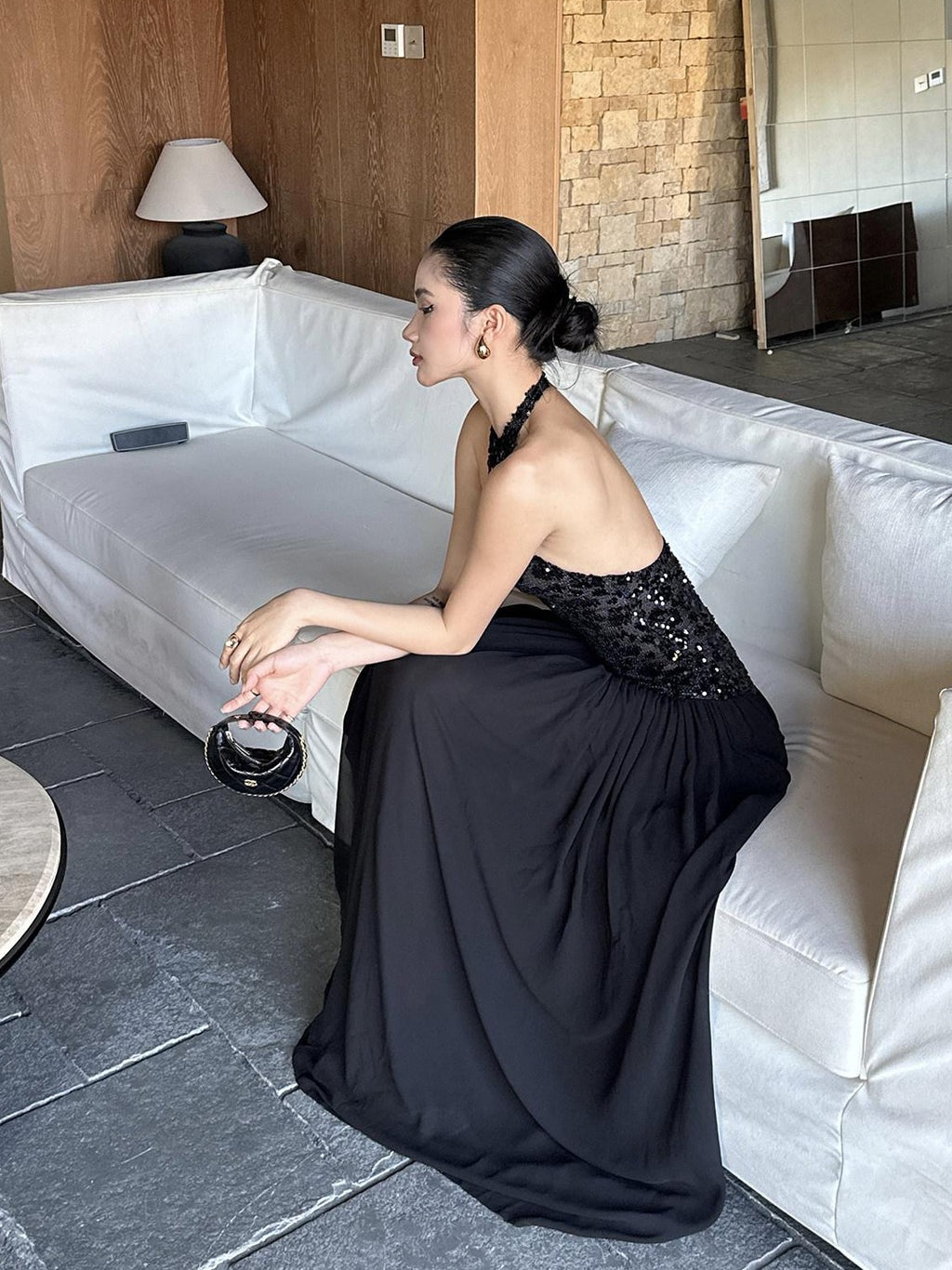 rovente test Shimmer Sequin Halter Neck Natural Waist Banquet Black Stretch Maxi Dresses