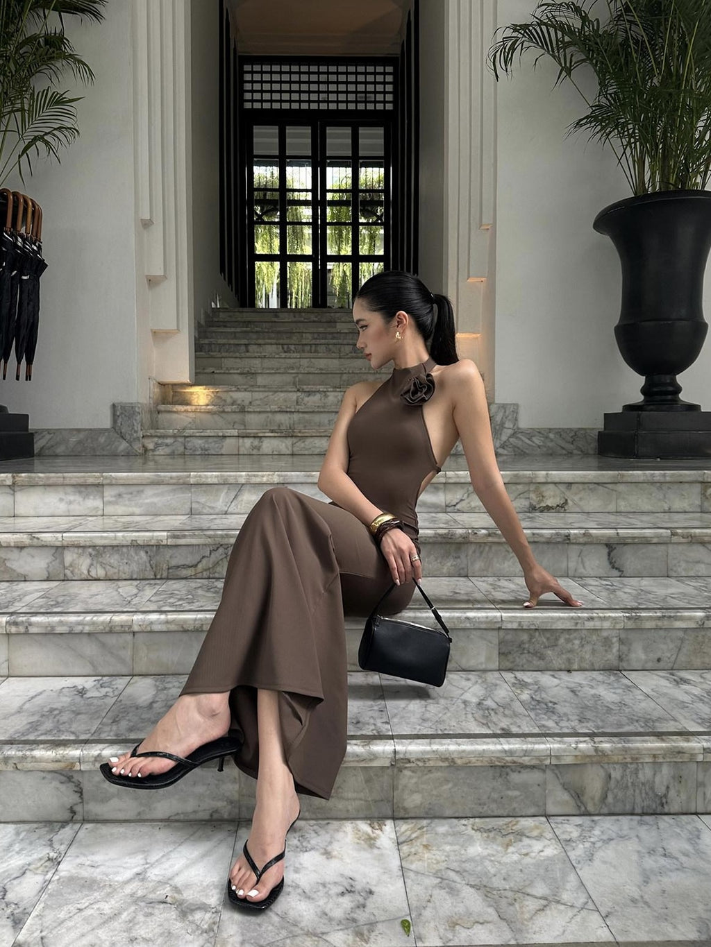 rovente Soft Knit Halter Cinched Waist Mermaid Bodycon Evening Maxi Desses