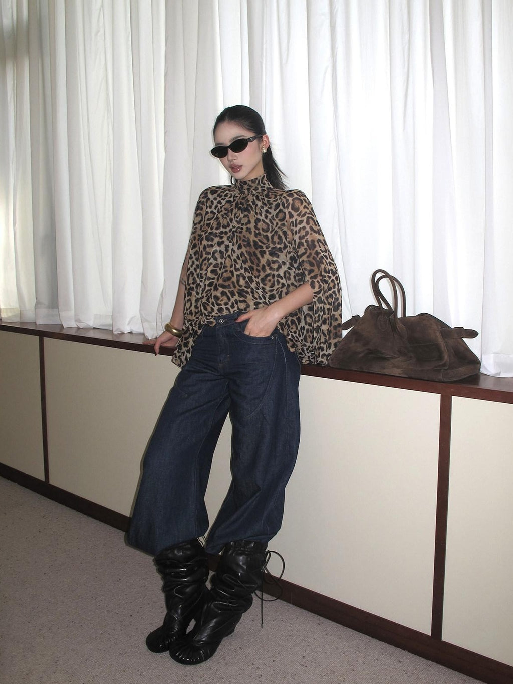 rovente 100 Percent Polyester Leopard High Neck Side Slit Button Shot Sleeve T-Shits