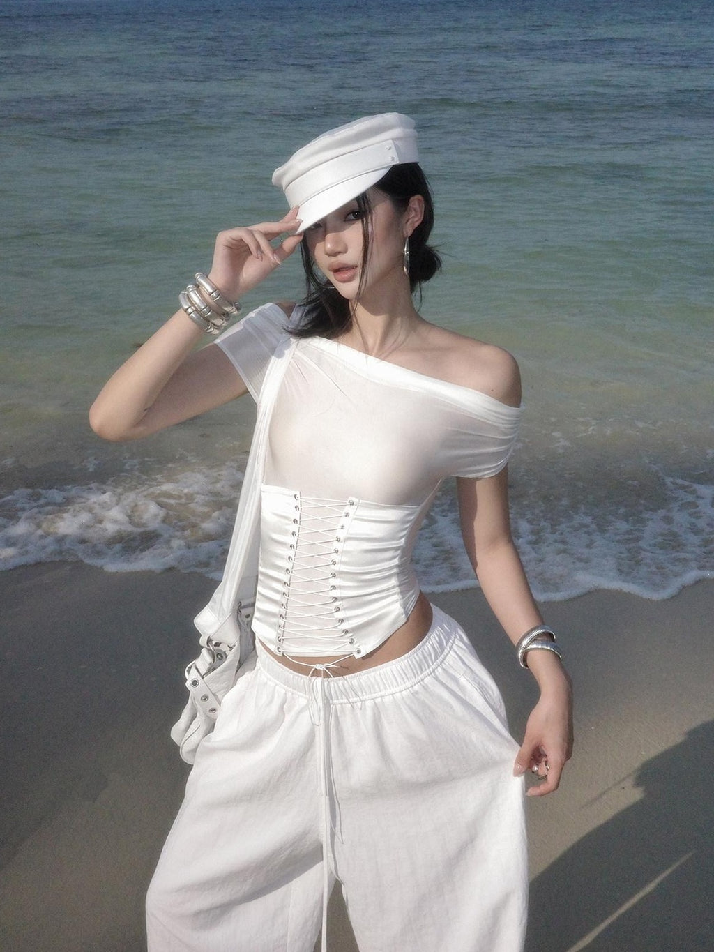 rovente Sexy Slim Tie Front Cropped White Bardot Top Women Travel Off Shoulde Cop Tops