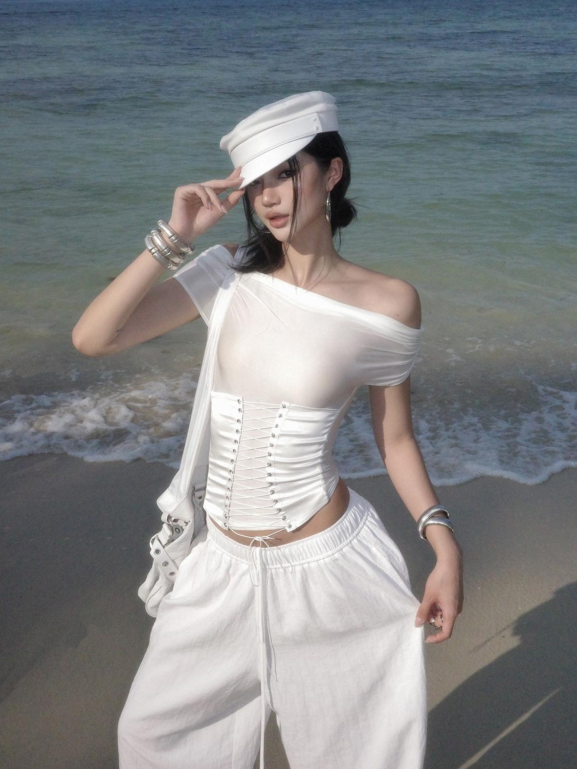 rovente Sexy Slim Tie Front Cropped White Bardot Top Women Travel Off Shoulde Cop Tops