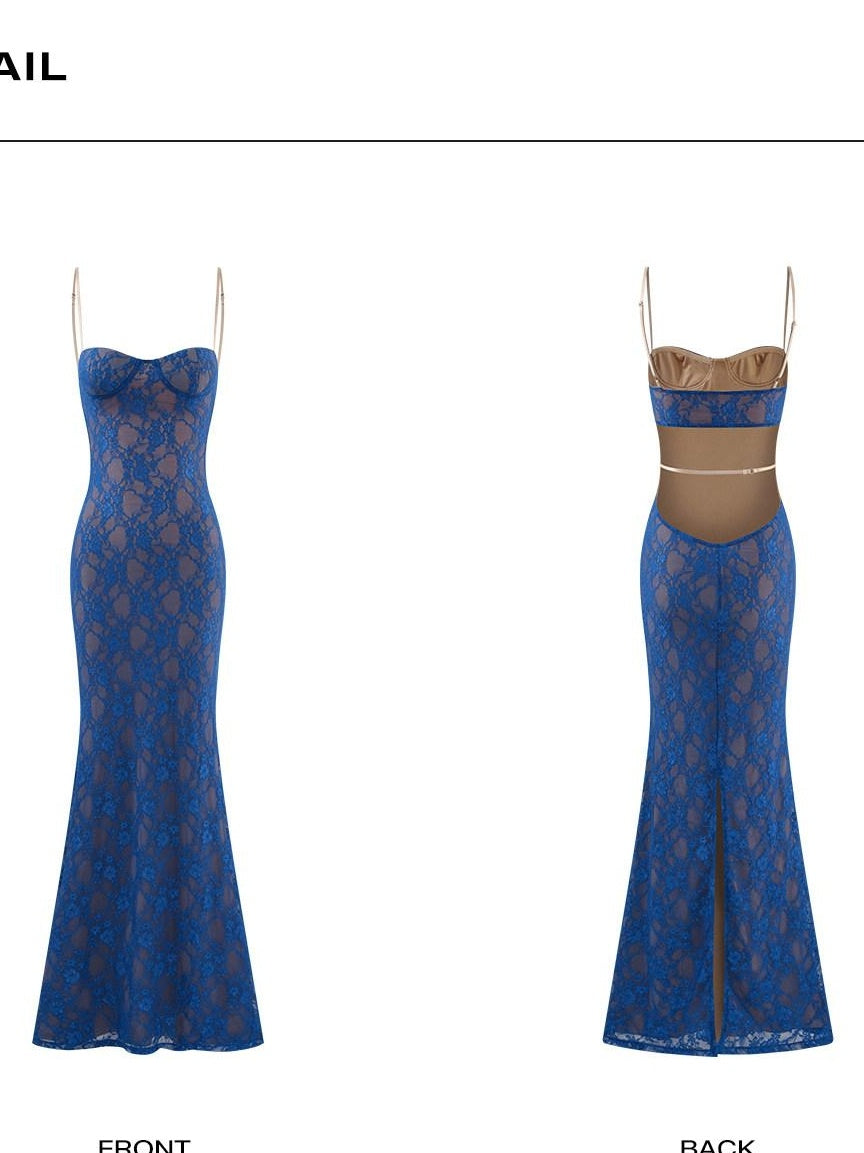 rovente Elegant Slim Spaghetti Strap Knit Mermaid Back Zipper Women Sapphire Maxi Desses