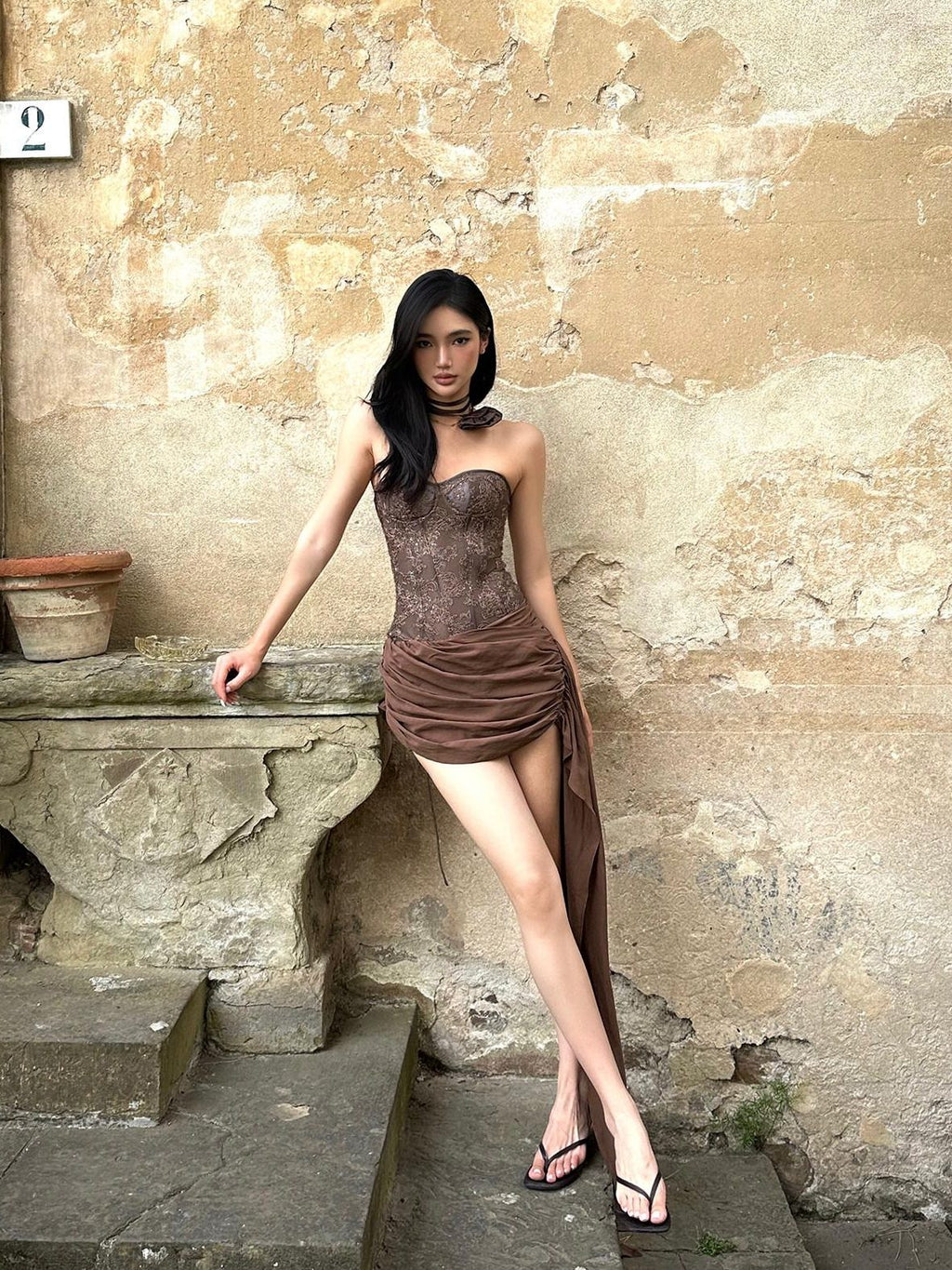 rovente Original Design Embroidered Slim Padded Polyester Brown Travel Party Camisoles