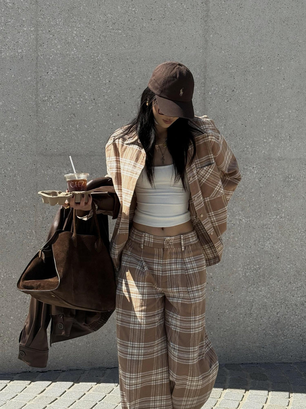rovente 100% Cotton Plaid Casual Relaxed Zipper Natural Waist Women Wide Leg Pants