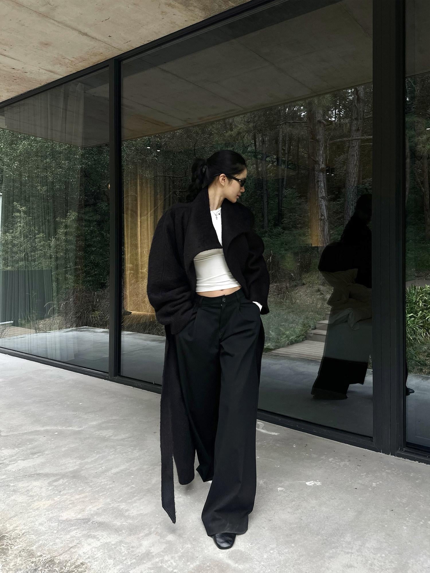 rovente Natural Waist Casual Minimalist Zip Fly Black Polyester Wide Leg Pants