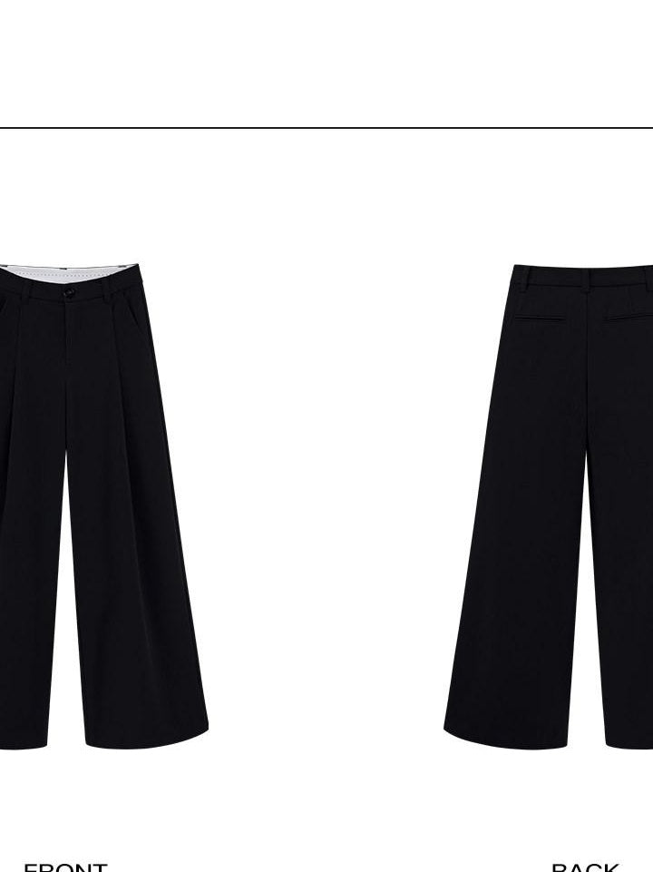 rovente Natural Waist Casual Minimalist Zip Fly Black Polyester Wide Leg Pants