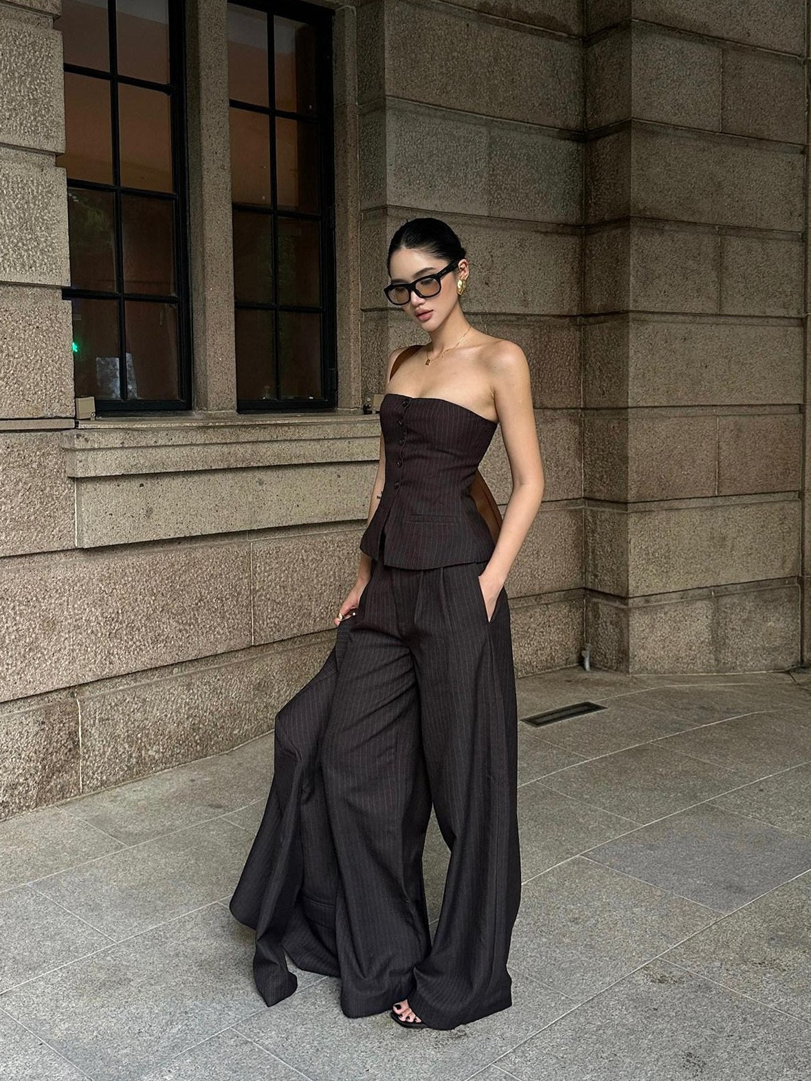 rovente Elastic Waist Minimalist Stripe Workwear Women Pocket Brown Wide Leg Pants