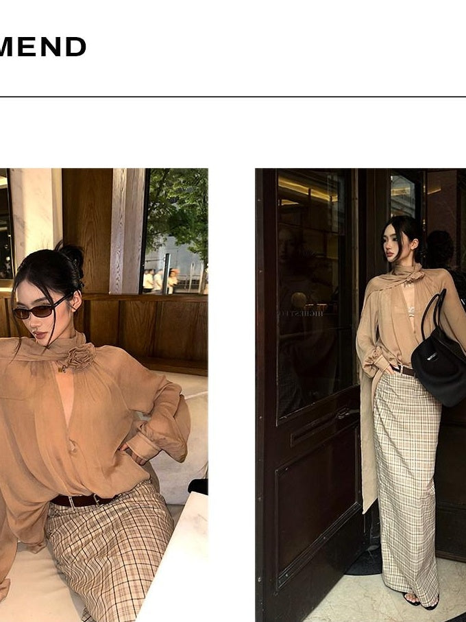 rovente Elegant V-neck Loose Fit Long Sleeve Nude Woven Zipper Women Party Blouses